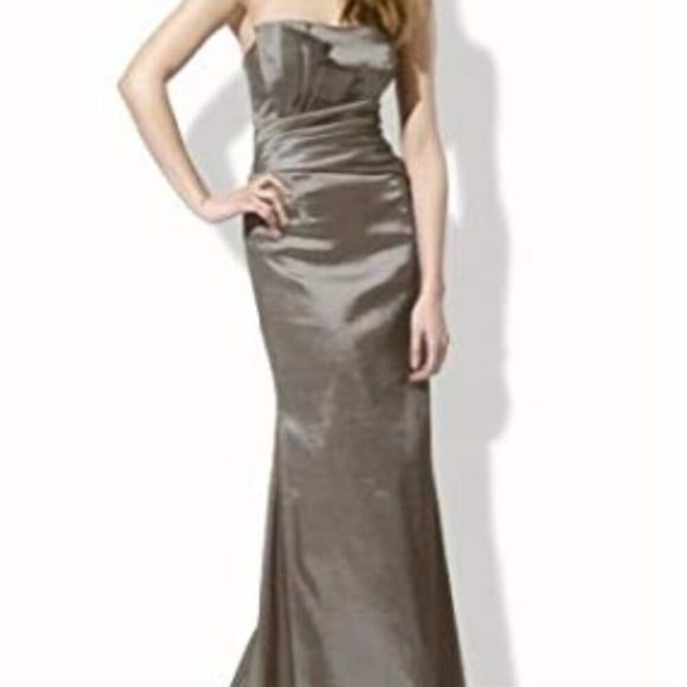 Jessica McClintock Metallic Bronze Pleated Strapless Stretch Taffeta Gown 8